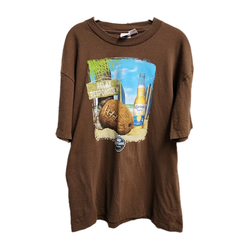 Relax Responsibly CORONA Extra Beer Coconut FOOTBALL Lg Brown T-Shirt 2008